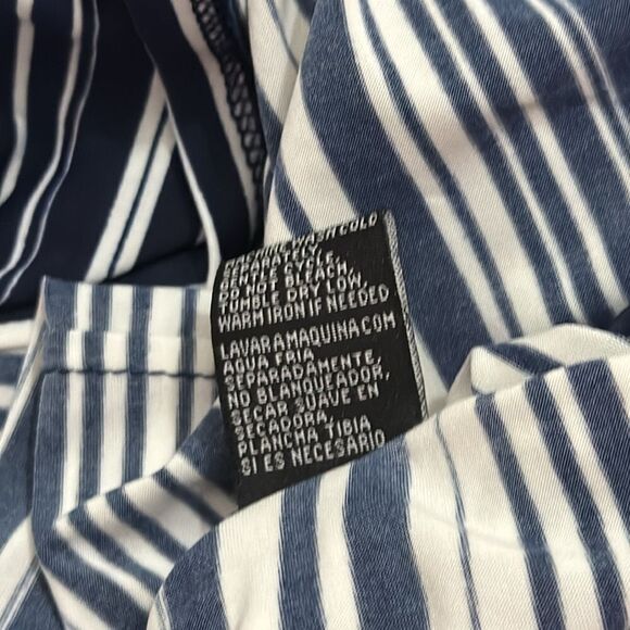 Milano Blue White Striped Sleeveless Frills Ruffled Neck Top Size M - Picture 12 of 12